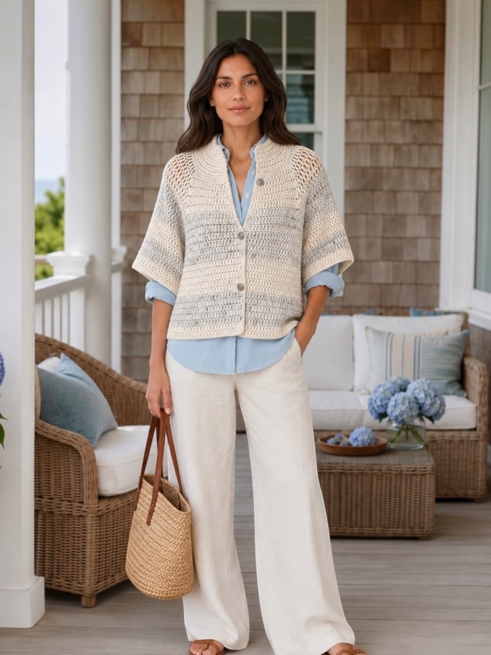Handmade Crochet Cardigan Funnel Neck Crest Button Tweed Knit Coastal Chic